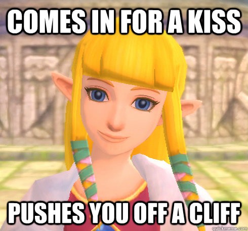 zelda pushing link off cliff for a kiss